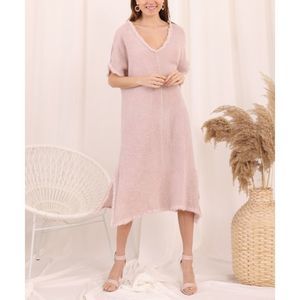 Ornella Paris | Pink Frayed-Trim Linen-Blend Shift Dress, XXL